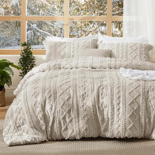 Bedsure Twin/Twin XL Comforter Set Dorm Bedding - Linen Boho Bedding Comforter Set, 2 Pieces Farmhouse Shabby Chic Embroidery Bed Set, Gifts for Woman, Soft Jacquard Tufted Comforter