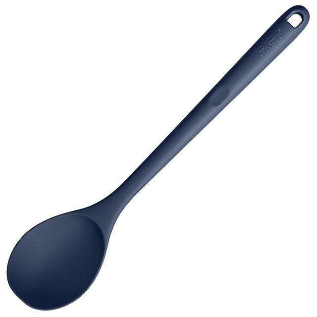 600ºF Heat Resistant Silicone Spoon: U-Taste 13.3in Solid Kitchen Cooking Spoon, Nonstick Food Grade Large Soup Rubber Utensil for Mixing, Serving, Stirring, Basting, for Pot Cookware (Midnight Blue)