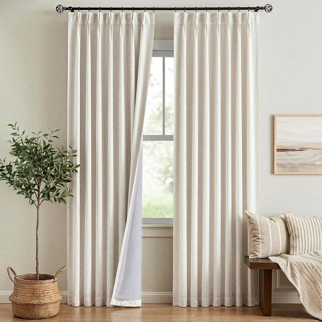 Pillcase Pinch Pleated Curtains 100% Blackout Linen Curtains, Natural Memory Trained Thermal Insulated Room Darkening Window Pleat Drapes with Hooks, 2 Panels