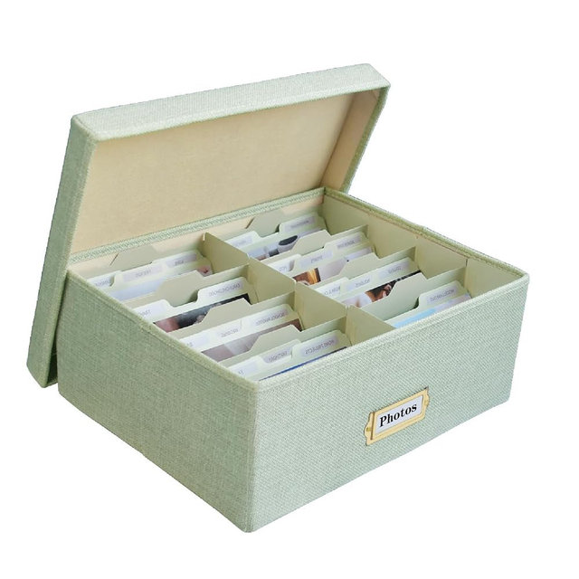 Linen Photo Storage Box – Holds 1700 Photos, Photo Organizer with Lid for Photo, Pictures, 24 Adjustable Dividers & 72 Labels Multi-Use Organizer Memory Box for Envelopes, Baby, Wedding, Cards Green