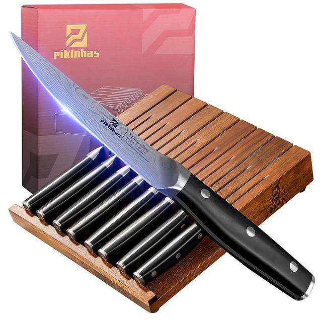 Piklohas Steak Knives Set Of 8 With Drawer Organizer, 4.5 Inch Non Serrated Steak Knife Set, Forged German Steel Full Tang Handle Straight Edge Dinner Knives, Razor-Sharp Meat Knife With Gift Box