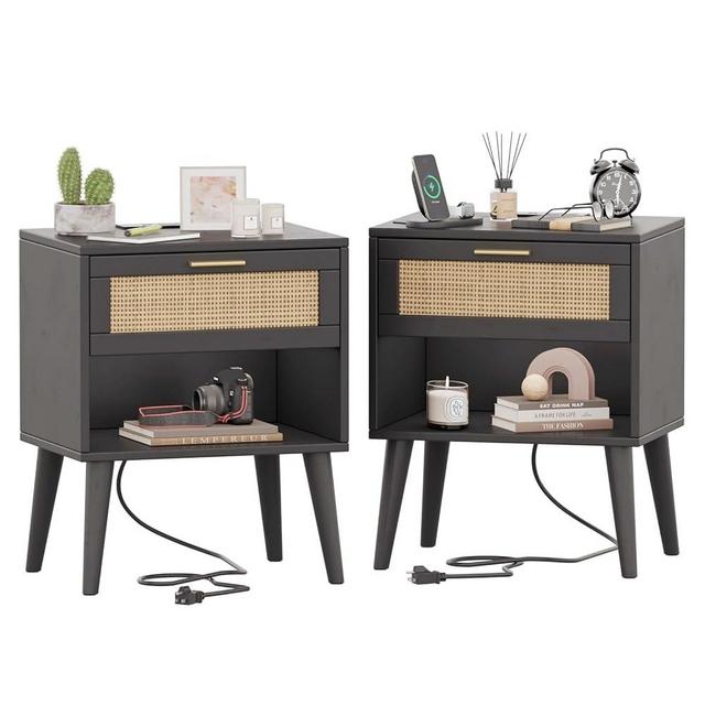 Irontar Nightstand Set of 2, Bedroom Night Stand with Charging Station & Rattan Drawer, Boho Style Bed Side Tables with Solid Legs, Accent End Table with Open Storage, Black and Natural BZZ007BME02