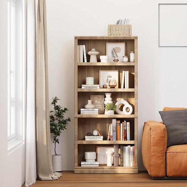 blini 5-Shelf Tall Bookcase Wooden Bookshelves 33in Wide Floor Standing Display Storage Shelves 70 in Oak Bookcase for Home Office, Living Room, Bed Room