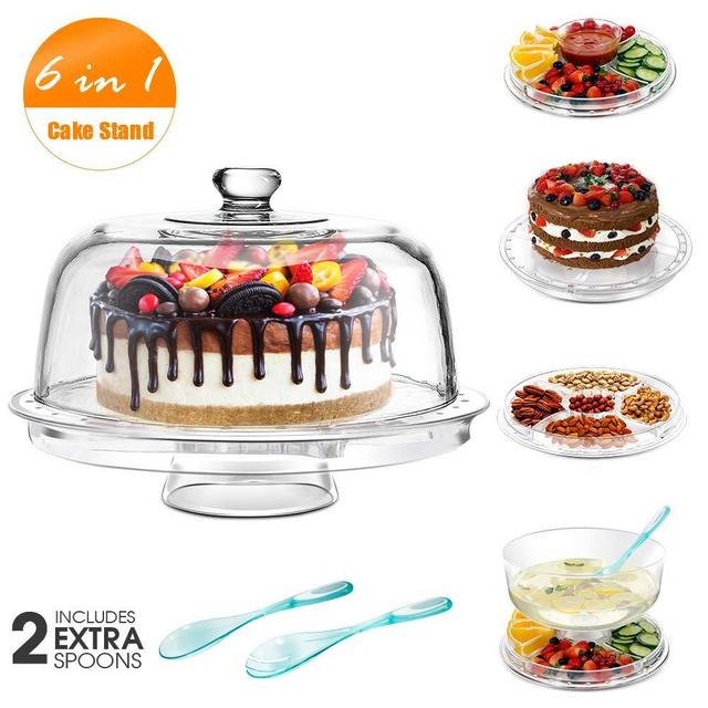 Mastertop Acrylic Cake Stand 6-in-1 Multifunctional Serving Platter with Domed Cover and 2Pcs Spoons - Use as Salad Bowl/Veggie Platter/Punch bowl/Desert Platter/Nachos & Salsa Plate