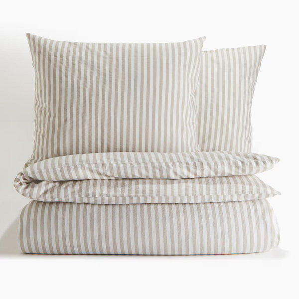 Cotton Queen Duvet Cover Set - Light taupe/white