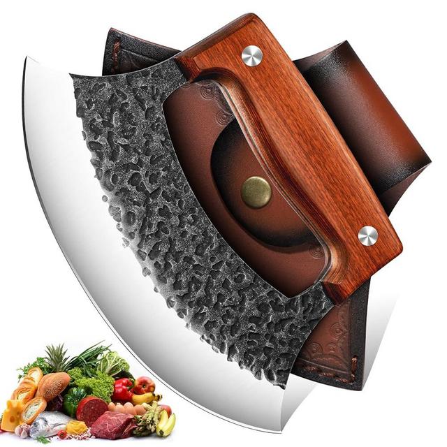 TIVOLI Hand-Forged Ulu Knife – Full Tang High Carbon Steel, Japanese-Inspired with Sheath & Gift Box, Mezzaluna Rocker Knife & Pizza Cutter for Kitchen, Camping & BBQ,Japanese Birthday Gifts for Men