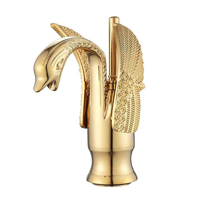 Gold Bathroom Faucet GGStudy Swan Shape Single Handle One Hole Bathroom Vanity Faucet Basin Tap Deck Mount Lavatory