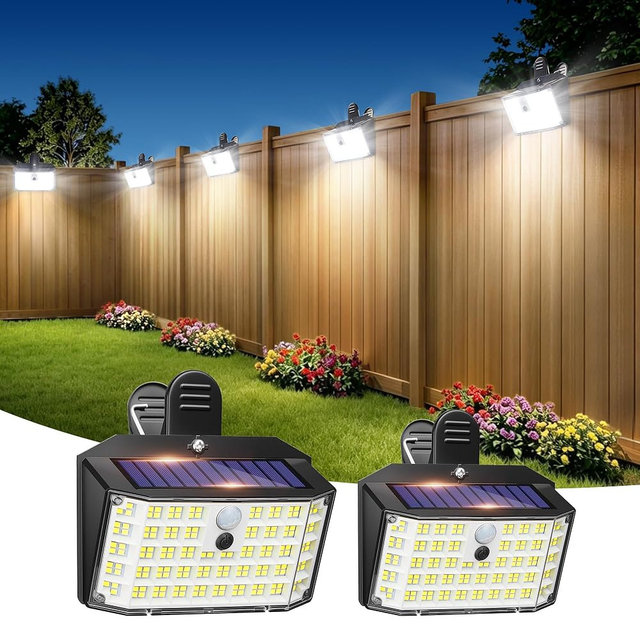 LUHLEE 176LED Clip on Solar Lights Outdoor, 600LM Solar Motion Lights Outdoor with 180° Wide Angle, IP65 Waterproof Portable Solar Fence Lights Outdoor for Fence, Gutter, Garden, Camping, Patio 2Pack