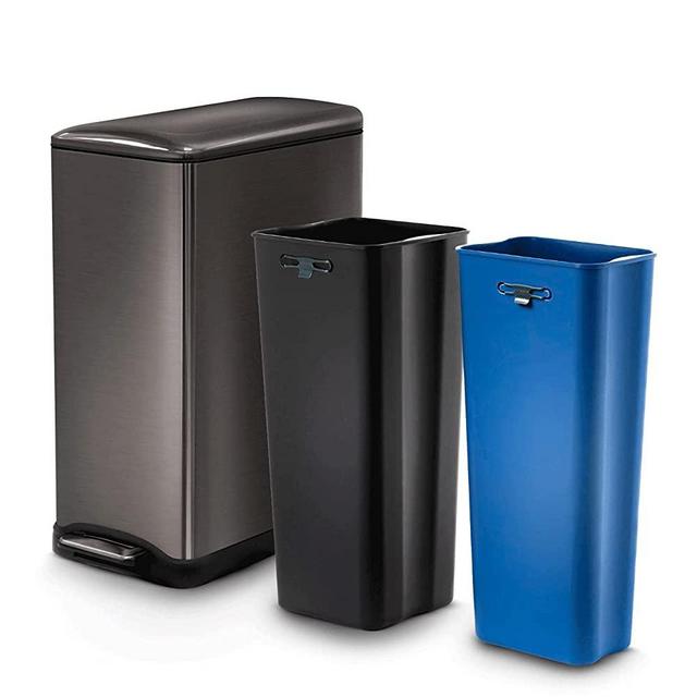 Home Zone Living 13 Gallon Kitchen Trash Can, Dual Compartment Recycle Combo, Slim 50 Liter, Black