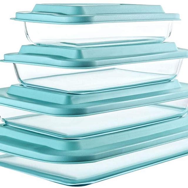 8-Piece Deep Glass Baking Dish Set with Plastic lids,Rectangular Glass Bakeware Set with BPA Free Lids, Baking Pans for Lasagna, Leftovers, Cooking, Kitchen, Freezer-to-Oven and Dishwasher, Green