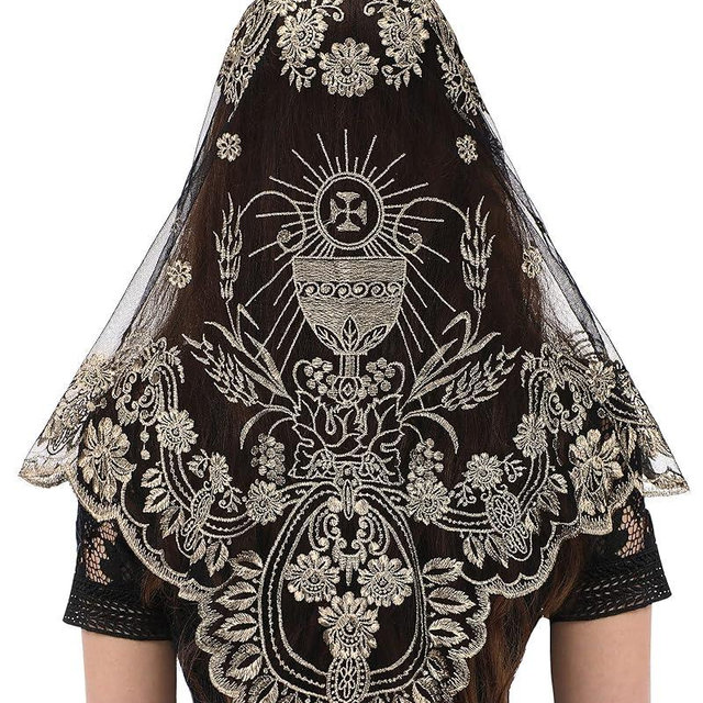 Bozidol Traditional Triangular church veil - Spanish Style with Holy Grail Embroidery Lace Mantilla veil for women