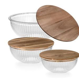 Set of 3 Stackable Space-Saving Nesting Glass Salad Bowls with Acacia Lids for Foodprep, Storage, Baking, Mixing & Cooking - Microwave Safe Durable Inert Borosilicate Glass