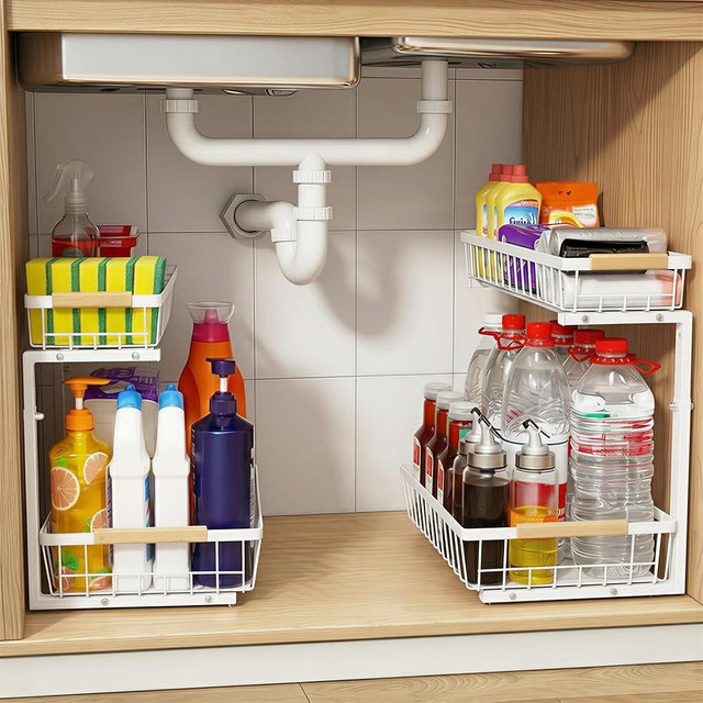 whalenoble Under Sink Organizer 2 Pack, 2 Tier Pull Out Cabinet Organizers and Storage for Kitchen Bathroom Pantry Laundry, Adjustable Height, Slide Out Thickened Metal Storage Shelf (White, 2 Pack)