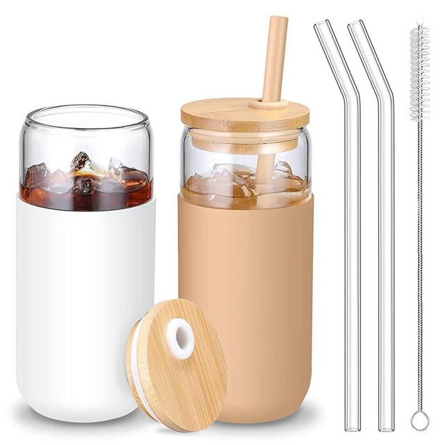 20 OZ Glass Cups with Bamboo Lids and Straws - Beer Can Shaped Drinking Glasses with Silicone Protective Sleeve Set, Iced Coffee Glasses, Cute Tumbler Cup for Water, Smoothie, Boba Tea, Gift - 2 Pack