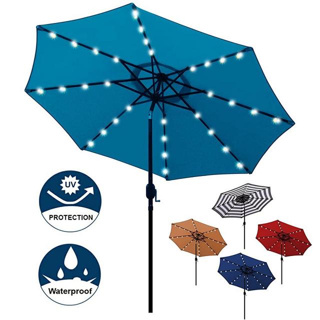 Blissun 9 ft Solar Umbrella 32 LED Lighted Patio Umbrella Table Market Umbrella with Tilt and Crank Outdoor Umbrella for Garden, Deck, Backyard, Pool and Beach (Cerulean)
