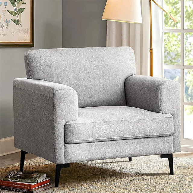 CDCASA Accent Chair, Linen Fabric Oversized Mid Century Modern Chair Set of 1, Comfy Upholstered Armchair Reading Accent Chairs Sofa Chairs for Bedroom Living Room, Light Gray