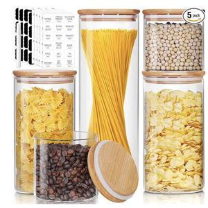 Glass Jars with Bamboo Lids [Muti Size Set of 5], Glass Canisters with Airtight Lids, Glass Food Storage Containers for Pasta, Oats, Coffee, Flour, Sugar, Rice, Best for Kitchen & Pantry