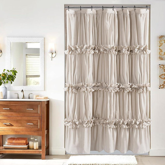 Homechoice Decor Camel Ruffle Stall Shower Curtain, Vintage Handcrafted Bow Tie Bath Curtain for Master Bathroom, Ruched Microfiber Bathroom Curtain with 8 Buttonholes, 48" W x 72" H (LQ-10)
