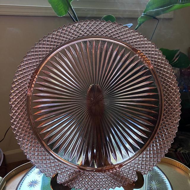 Vintage Pink Glass Cake Plate Miss America Round Serving Dish Anchor Hocking Sawtoothed Edge Starburst Interior Triple-Footed Stand