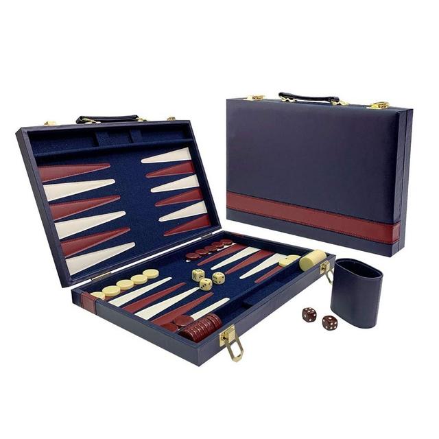 Sun Flair Backgammon Sets for Adults Kids 15 Inch, Folding Classic Board Game with Premium Leatherette Case, Smart Tactics, Best Strategy, Tip Guide Enclosed, Blue and Burgundy, 136M-4