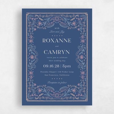 Blue Floral Wedding Invitation - Maglorie Portrait