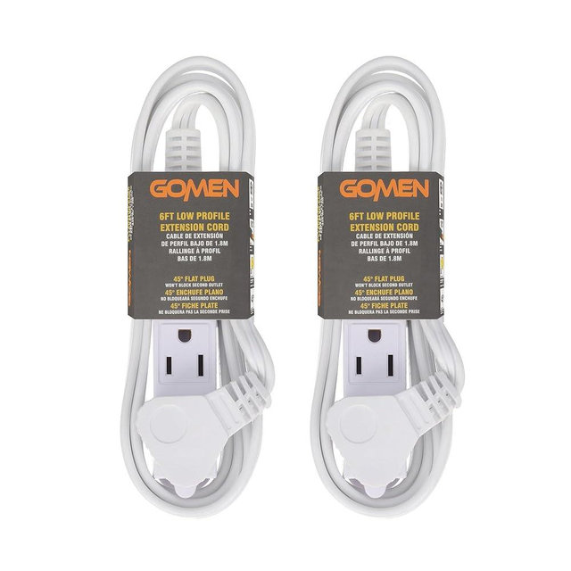 GOMEN 6 Feet Indoor Extension Cord with 3 Outlets, AWG 16/3 Angled Flat Plug Power Strip, 3 Prong Grounded, 13 Amps - 1625 Watts - 125 VAC, White, 2 Pack