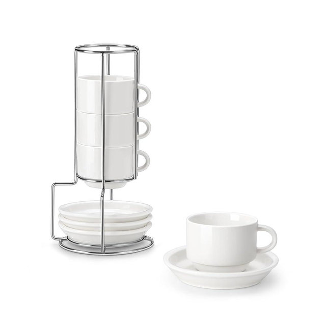MALACASA 2.5 OZ Porcelain Espresso Cups with Saucers and Metal Stand Set of 4, Stackable Cappuccino Cups, White Expresso Shots Cup Set for Coffee Drinks, Latte, Tea