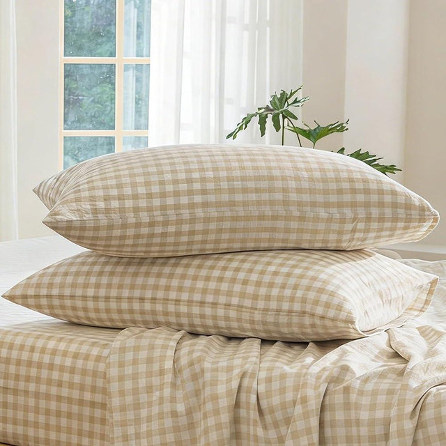 MooMee Bedding Pillowcases Gingham Pack of 2 100% Washed Cotton Linen Like Textured Breathable Durable Soft Comfy (Classic Gingham Almond Milk Grey, Standard)