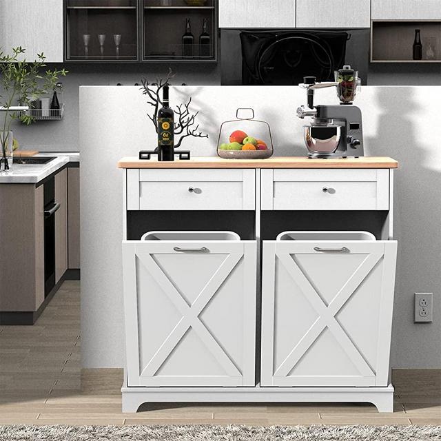 TOLEAD Double Tilt Out Trash Can Cabinet 10 Gallon,Farmhouse Style Kitchen Trash Cabinet with Barn Door, Solid Wood Tabletop, Pet Proof Trash Can Odor Blocking, Wood Laundry Cabinet Keep Clean(White)