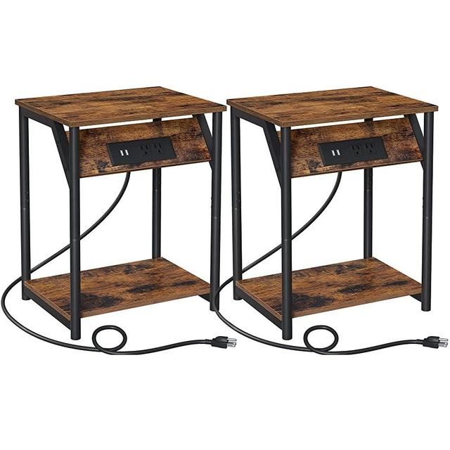 VASAGLE Side Tables with Charging Station, Set of 2 End Tables with USB Ports and Outlets, Nightstands for Living Room, Bedroom, Plug-in Series, Rustic Brown and Black ULET372B01