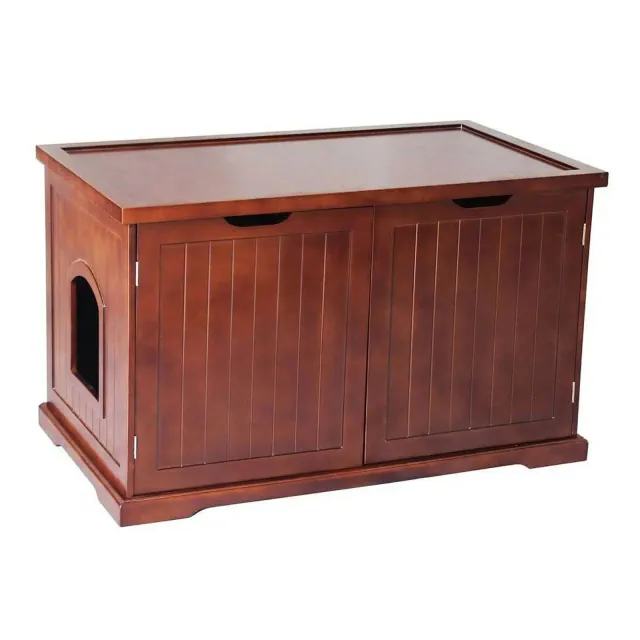 Merry Products MPS012 Pet Cat Washroom Storage Bench Furniture with Doors & Removable Partition Wall for Hidden Litter Box Enclosure, Walnut