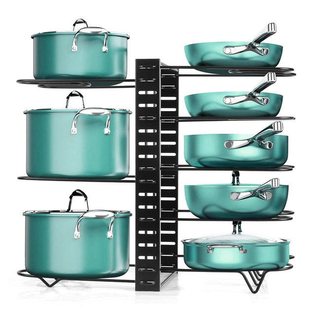 XSUPER Pots and Pans Organizer for Cabinet, 8 Tier Pot Rack Organizer with 3 DIY Methods, Adjustable Pot Lid Holders & Pan Rack for Kitchen Organizers & Storage, Black