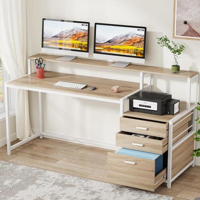 Tribesigns 63 Inch Computer Desk with File Drawer Cabinet, Ergonomic Office Desk with Monitor Stand, Industrial Computer Table with Printer Space, Wood PC Table Workstation Desk for Home Office