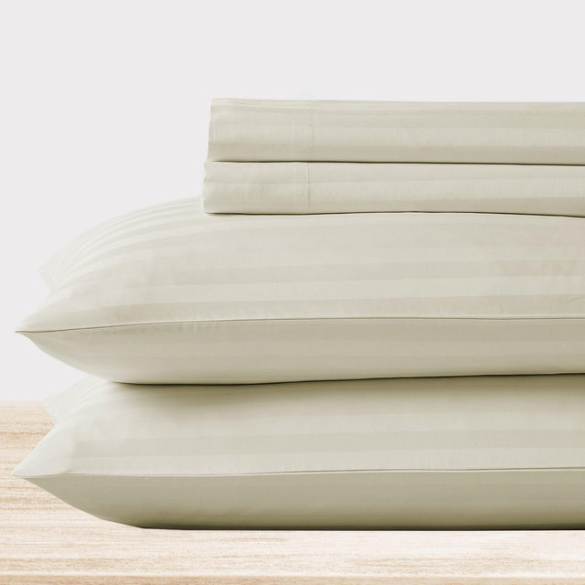 Luxury 500 Thread Count Bed Sheets - 100% Cotton Sateen Sheets Set, Soft, Breathable, Deep Pocket by California Design Den - Ivory Striped, Queen