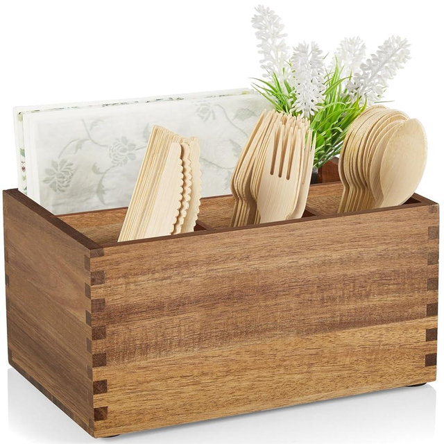 DRASTAR Utensil Caddy, Silverware Caddy for Party, Acacia Wood Silverware Holder, Silverware Organizer Countertop, Cutlery Storage Containers for Kitchen Table