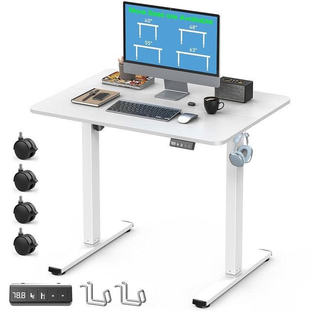 Xyndyx 32" Small Electric Rolling Standing Desk Adjustable Height, Mobile Sit Stand up Desk with Lockable Casters for Home Office & Computer Workstation, Splice Board, 2 Hooks, White Frame/White Top