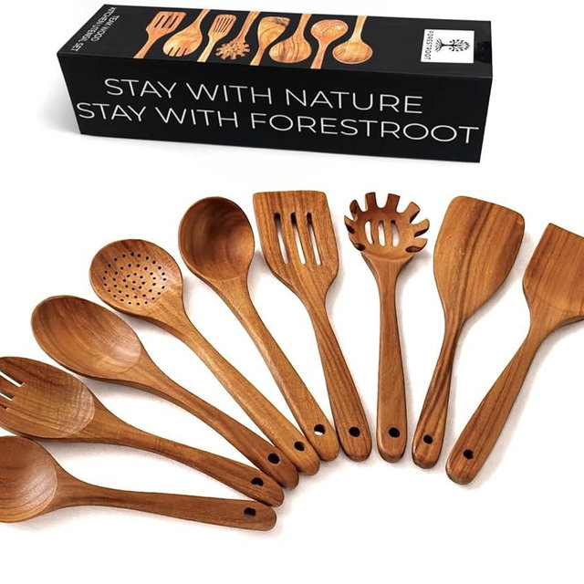 Forestroot 9-Piece Wooden Cooking Utensil Set – Premium Wood Kitchenware for Nonstick Cookware, Heat-Resistant & Durable Wooden Spoons and Spatulas – Eco-Friendly Kitchen Tools for Stirring & Serving
