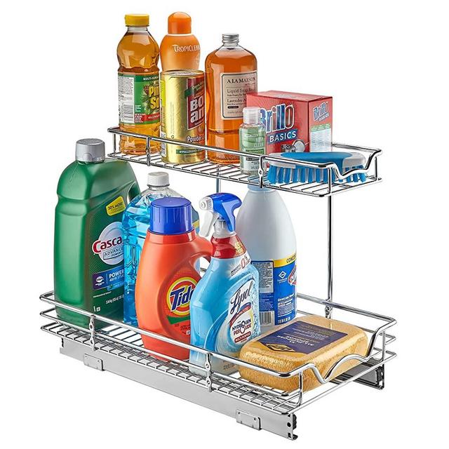 Under the Sink Pull Out Cabinet Organizer Sliding Shelf- Heavy Duty Metal, with 5 Year Limited Warranty- 2 Tier Slide Out Shelf, Multi-Use, for Cleaning Products, Kitchen and Pantry Supplies- Anti Rust Chrome