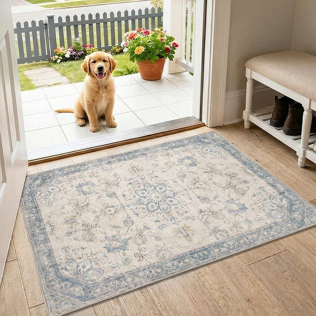 jinchan 2x3 Vintage Rug for Entryway Washable Kitchen Rug Floral Distressed Design Small Mat Non Slip Indoor Doormat Lightweight Low-Profile Throw Carpet for Entrance Bathroom Laundry Room, Blue