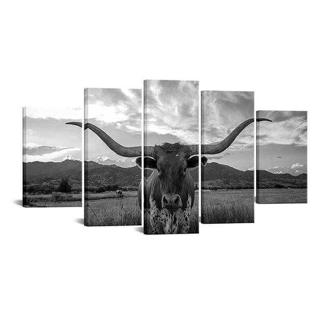 Kreative Arts 5 Piece Canvas Wall Art Texas Longhorn Black & White Canvas Print Modern Canvas Paintings for Home Office Living Room Wall Decor 60x32inch (Black)