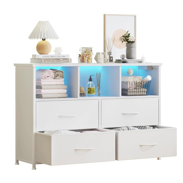 LUMTOK 4-Drawers Dresser with 3 Open Storage Shelves, Fabric Dressers Drawers for Bedroom, Hallway, Nursery, Closets (White)