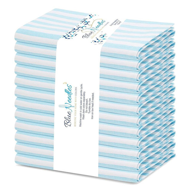 Blue Needles Set of 12 Striped Cloth Napkins 100% Cotton Dinner Table Napkins 18x18 inches, Soft, Reusable, Absorbent & Washable, Ideal for Christmas Events & Everyday Use - Aquablue and White