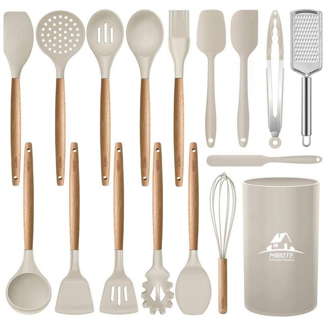 Mibote 17 Pcs Silicone Cooking Kitchen Utensils Set with Holder, Wooden Handles BPA Free Non Toxic Silicone Turner Tongs Spatula Spoon Kitchen Gadgets Utensil Set for Nonstick Cookware (Khaki)
