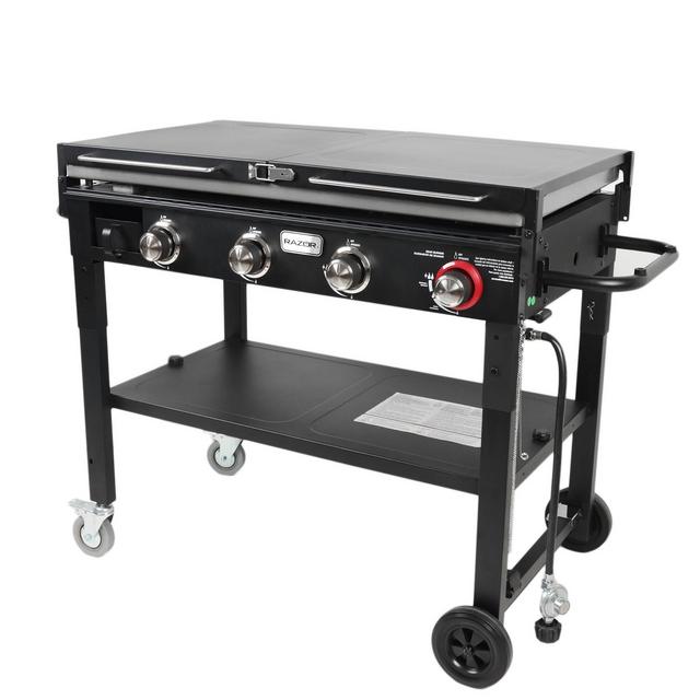 Razor Griddle GGC1643M 37 Inch Outdoor Steel 4 Burner Propane Gas Grill Griddle with Wheels and Top Cover Lid Folding Shelves for BBQ Cooking, Black