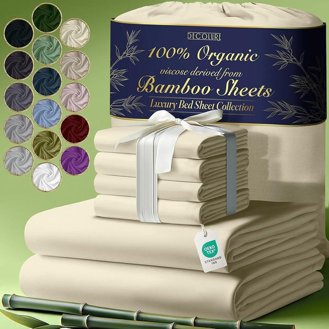 DECOLURE 100% Organic Viscose Derived from Bamboo Sheets King Size 6pcs - Ultra Soft & Luxuriously Cooling, 17" Deep Pocket, Double Stitching, Perfect for Hot Sleepers - King Bed Sheets (Creme)