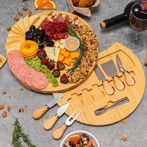 Personalized Round Cheese Board and Knife Set | 6 Piece Swivelling Charcuterie Board for Christmas Gifts and Birthday Gifts