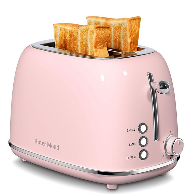Roter Mond 2 Slice Toaster Retro Stainless Steel with Bagel, Cancel, and Defrost Functions, 6 Bread Shade Settings, Extra Wide Slots and Removable Crumb Tray, Pink