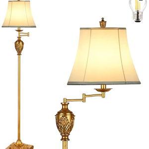 AIDENOEY Traditional LED Floor Lamp with 350° Adjustable – Vintage Pole lamp Swing arm for Living Room, Bedroom and Office – Rustic Upright Floor Light for Home Décor with Faux Silk Fabric Shade