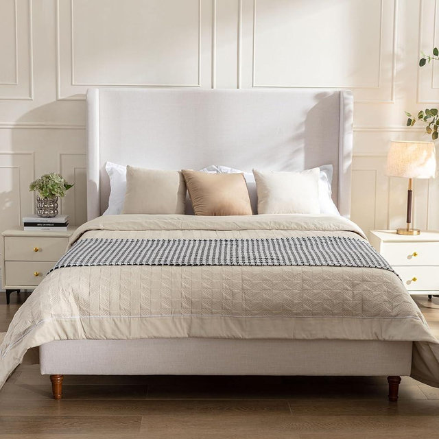 NTYUNRR Upholstered Bed Frame King Size, 54" Tall Headboard Wingback Upholstered Platform Bed Frame for Teens Adults Bedroom Strong Wood Slats Support/No Box Spring Needed/Easy Assembly Ivory Chenille