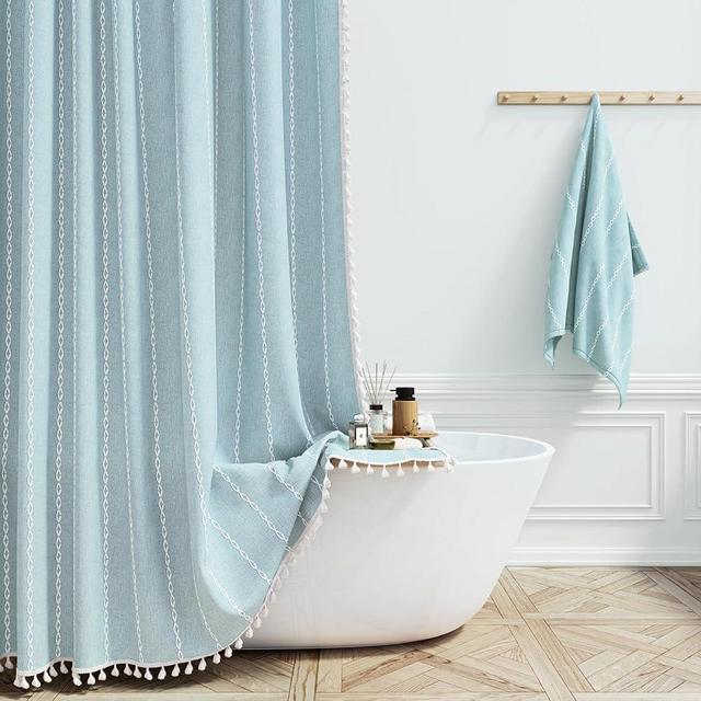BTTN Boho Farmhouse Shower Curtain, Linen Rustic Weighted Striped Fabric with Tassel, Water Repellent, Modern Bohemian Vintage Country Cloth for Bathroom, Fog Blue, 72x72